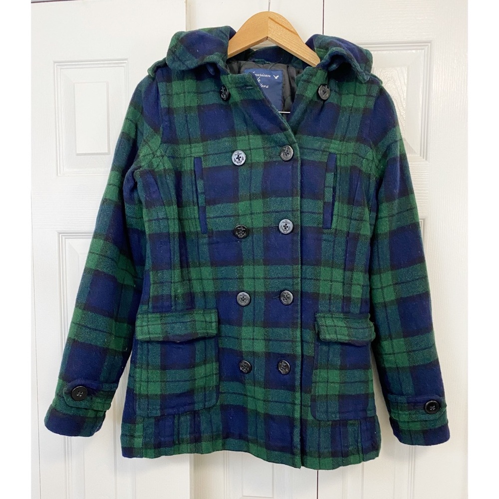 - American eagle green plaid pea coat with detachable hood size small wool…